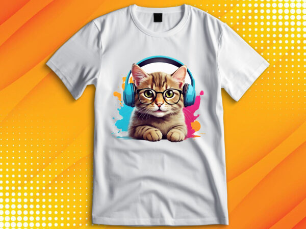 Cute cat wearing glasses and headset t shirt vector file