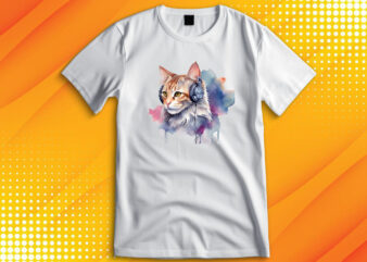 Watercolor cat listening a music t shirt design for sale