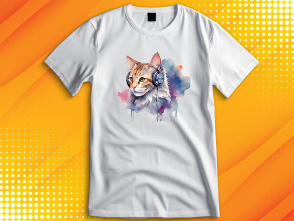 Watercolor cat listening a music t shirt design for sale