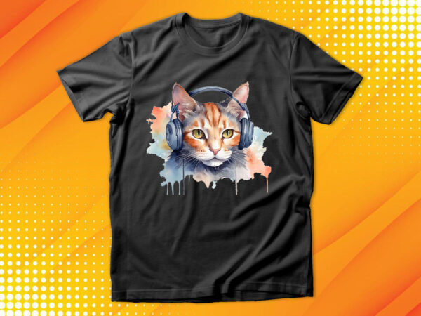 Watercolor cat listening a music t shirt design for sale