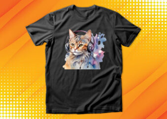 Watercolor cat listening a music t shirt design for sale