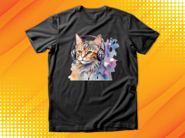 Watercolor cat listening a music t shirt design for sale