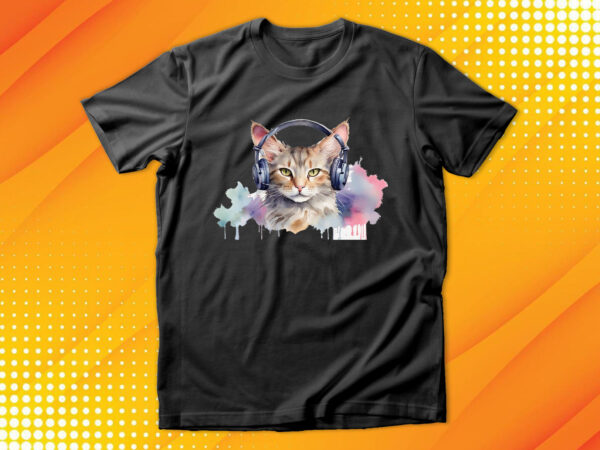 Watercolor cat listening a music t shirt design for sale