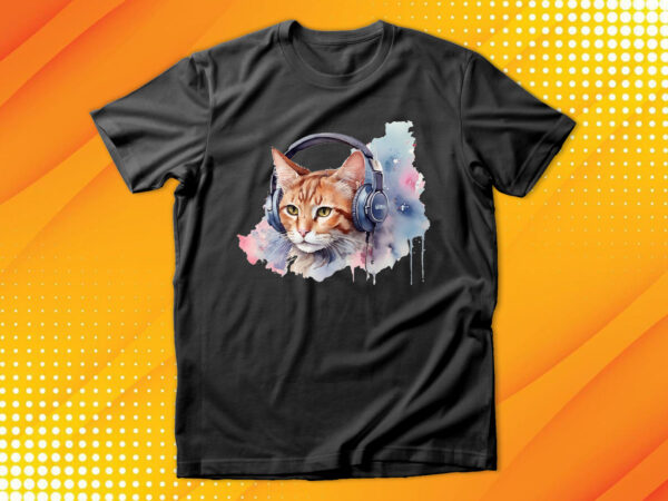 Watercolor cat listening a music t shirt design for sale