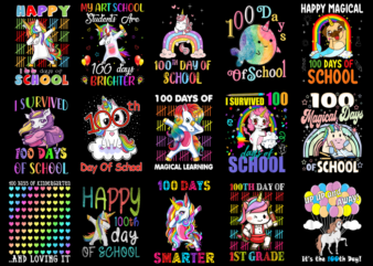 15 Unicorn 100 Days Of School Shirt Designs Bundle P17, Unicorn 100 Days Of School T-shirt, Unicorn 100 Days Of School png file, Unicorn 100