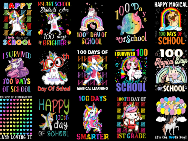 15 unicorn 100 days of school shirt designs bundle p17, unicorn 100 days of school t-shirt, unicorn 100 days of school png file, unicorn 100
