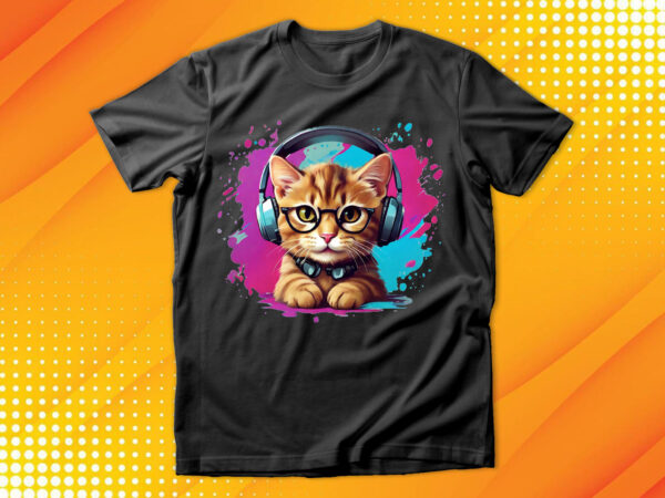 Cute cat wearing glasses and headset t shirt vector file