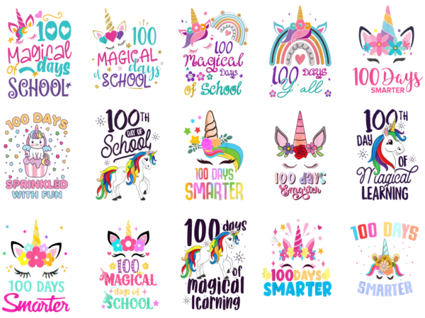 15 unicorn 100 days of school shirt designs bundle p19, unicorn 100 days of school t-shirt, unicorn 100 days of school png file, unicorn 100