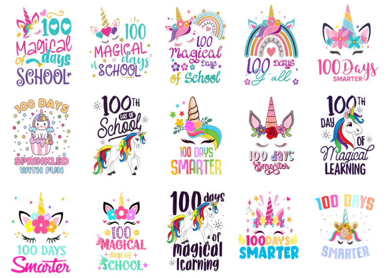 15 Unicorn 100 Days Of School Shirt Designs Bundle P19, Unicorn 100 Days Of School T-shirt, Unicorn 100 Days Of School png file, Unicorn 100