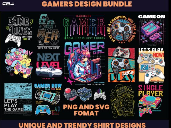 50 gamer designs bundle, gamer streetwear design, gaming design, console design, graphic tee, gamer lover, video games design, dtf, dtg