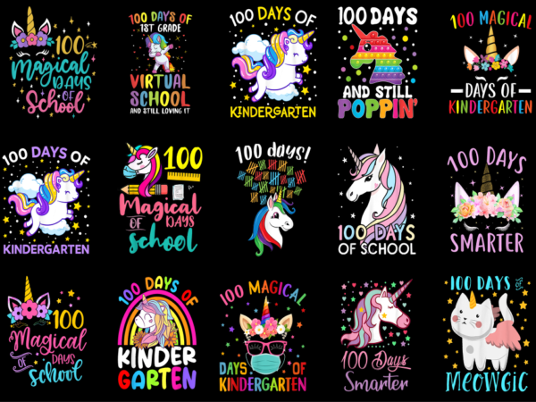 15 unicorn 100 days of school shirt designs bundle p2, unicorn 100 days of school t-shirt, unicorn 100 days of school png file, unicorn 100