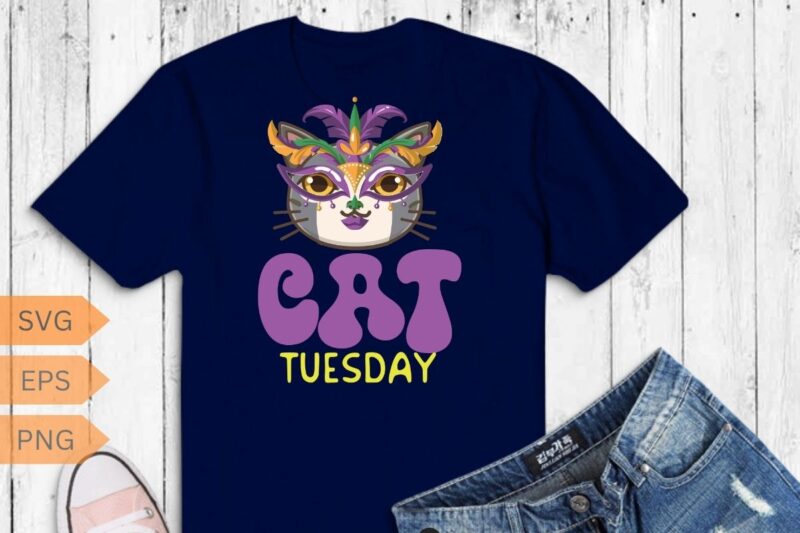 Cat Tuesday Mardi Gras T-Shirt design vector, Mardi Gras, Cat Shirt, cat lover, cat wear mardi gras mask, funny cat, Fat Tuesday, Shrove Tue