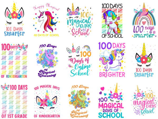 15 unicorn 100 days of school shirt designs bundle p20, unicorn 100 days of school t-shirt, unicorn 100 days of school png file, unicorn 100