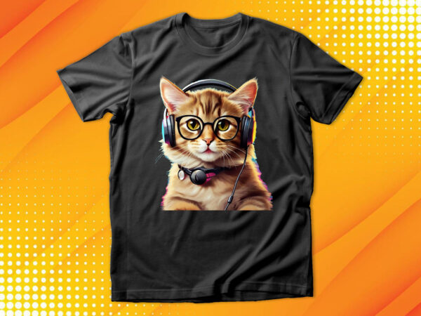 Cute cat wearing glasses and headset t shirt vector file