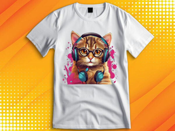 Cute cat wearing glasses and headset t shirt vector file