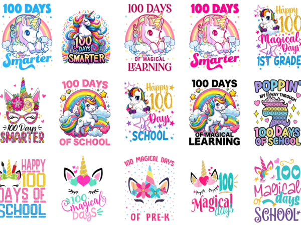 15 unicorn 100 days of school shirt designs bundle p21, unicorn 100 days of school t-shirt, unicorn 100 days of school png file, unicorn 100