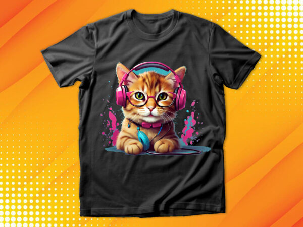 Cute cat wearing glasses and headset t shirt vector file