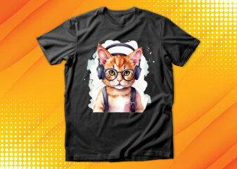 Cute cat wearing Glasses and Headset t shirt vector file