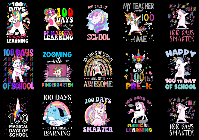 15 Unicorn 100 Days Of School Shirt Designs Bundle P3, Unicorn 100 Days Of School T-shirt, Unicorn 100 Days Of School png file, Unicorn 100