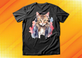 Watercolor cat listening a music t shirt design for sale