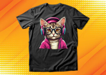 Cute cat wearing Glasses and Headset t shirt vector file