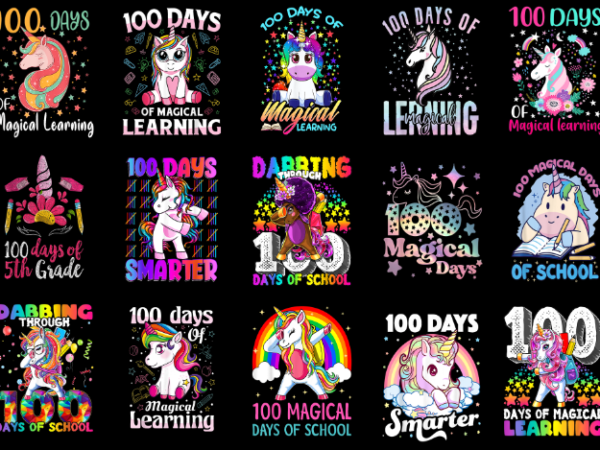 15 unicorn 100 days of school shirt designs bundle p4, unicorn 100 days of school t-shirt, unicorn 100 days of school png file, unicorn 100