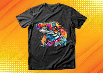 Funny colorful lizard with sunglasses t shirt graphic design