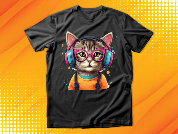 Cute cat wearing glasses and headset t shirt vector file