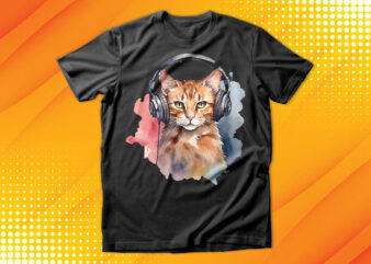 Watercolor cat listening a music t shirt design for sale