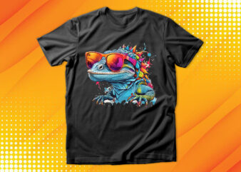 Funny colorful lizard with sunglasses