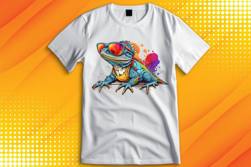 Funny colorful lizard with sunglasses