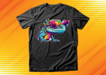 Funny colorful lizard with sunglasses t shirt graphic design