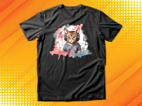 Watercolor cat listening a music t shirt design for sale