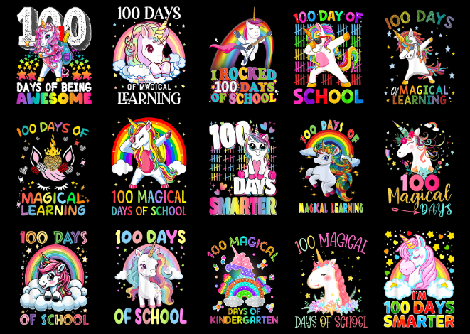 15 Unicorn 100 Days Of School Shirt Designs Bundle P6, Unicorn 100 Days Of School T-shirt, Unicorn 100 Days Of School png file, Unicorn 100