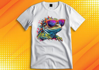 Funny colorful lizard with sunglasses t shirt graphic design