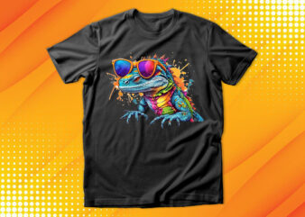 Funny colorful lizard with sunglasses t shirt graphic design