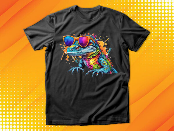 Funny colorful lizard with sunglasses t shirt graphic design