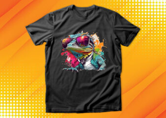 Funny colorful lizard with sunglasses t shirt graphic design