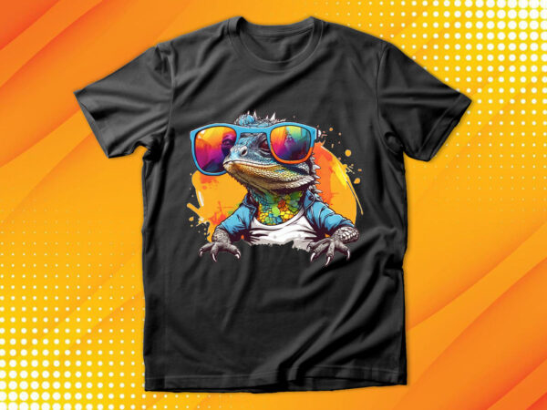 Funny colorful lizard with sunglasses t shirt graphic design