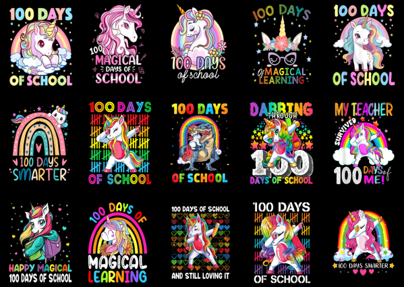 15 Unicorn 100 Days Of School Shirt Designs Bundle P8, Unicorn 100 Days Of School T-shirt, Unicorn 100 Days Of School png file, Unicorn 100