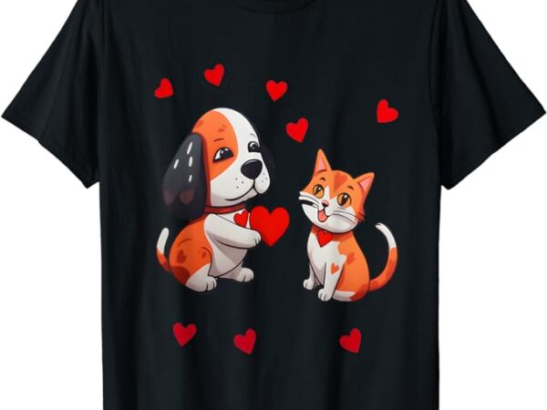 A dog that offers a red heart for me a cat on a valentine t-shirt