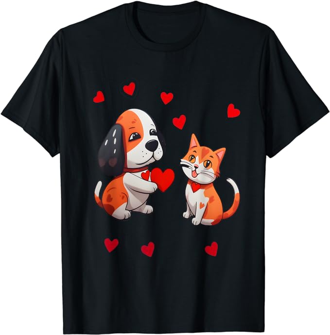 A dog that offers a red heart for me a cat on a Valentine T-Shirt