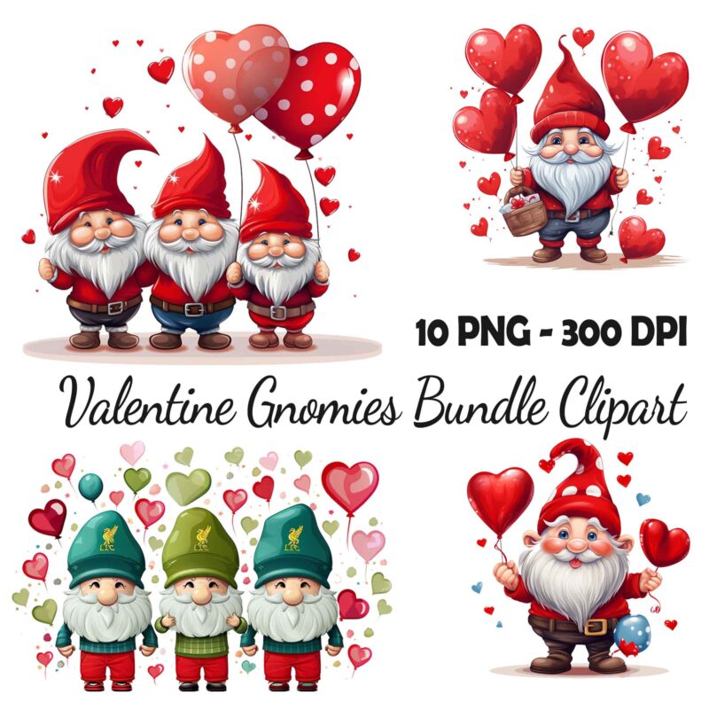 Valentine 2024 Gnomies Bundle Love With Heart Ballon Chibi Gnome 10 PNG 300 DPI AI