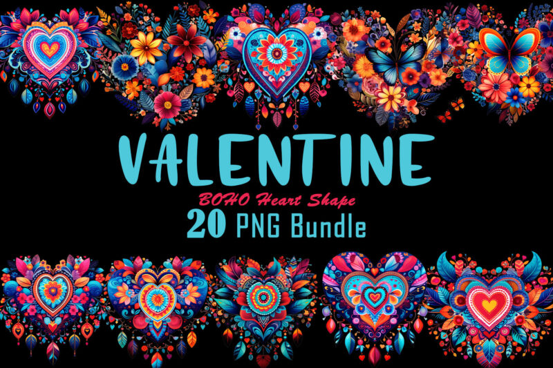 Valentines Day Art Boho Heart Illustration T-shirt Clipart Bundle