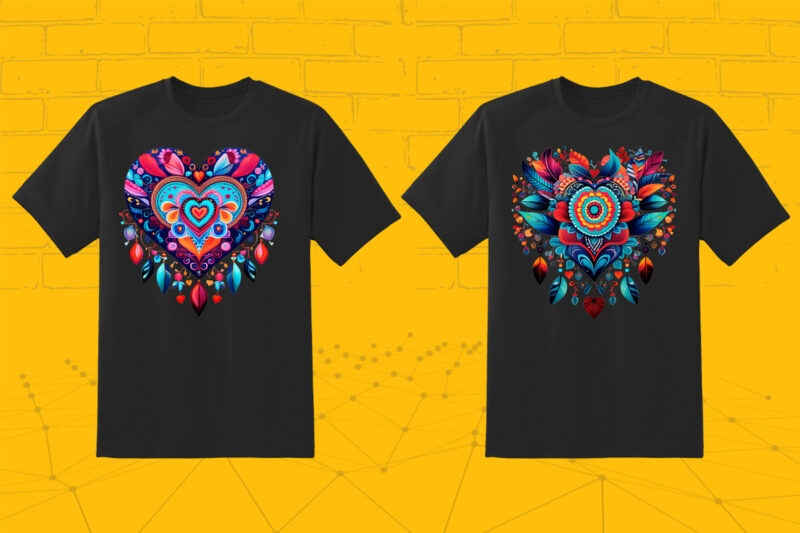 Valentines Day Art Boho Heart Illustration T-shirt Clipart Bundle