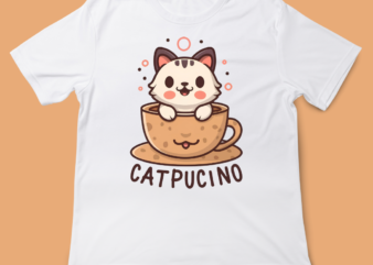 Catpucino, cat t-shirt design, cute cat, cat and coffee, coffee love, cat love, adorable t-shirt design, Cappuccino
