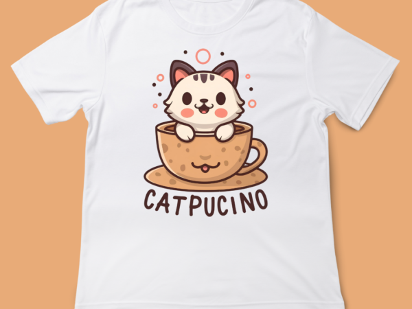 Catpucino, cat t-shirt design, cute cat, cat and coffee, coffee love, cat love, adorable t-shirt design, cappuccino