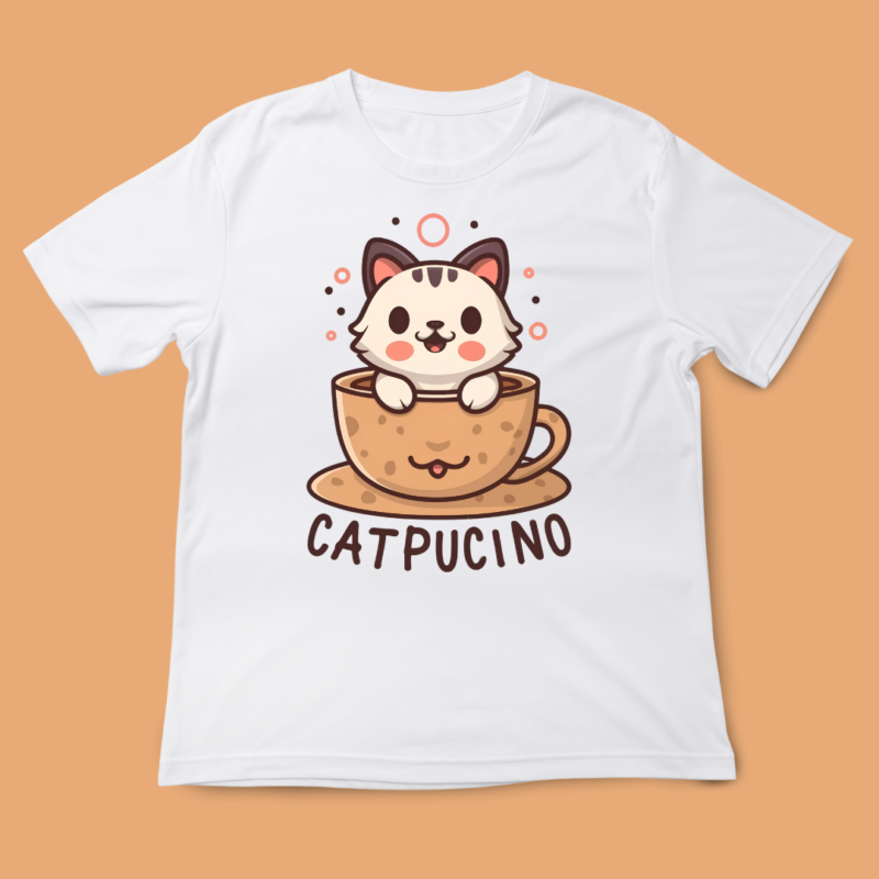 Catpucino, cat t-shirt design, cute cat, cat and coffee, coffee love, cat love, adorable t-shirt design, Cappuccino