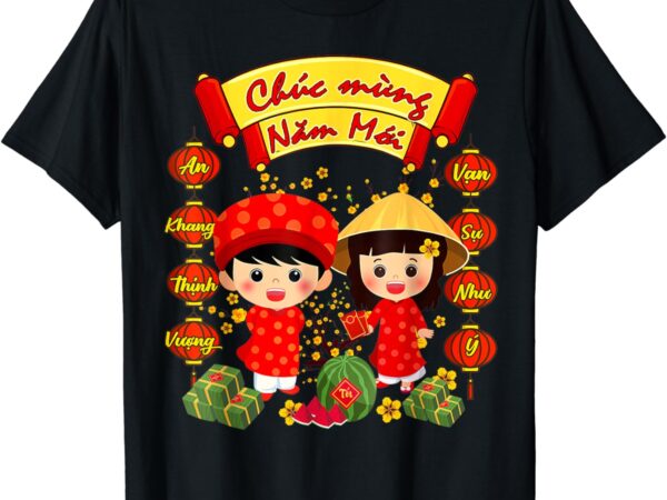 Chuc mung nam moi boy girl ao dai vietnamese tet li xi me t-shirt