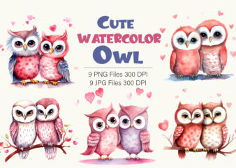 Cute Owls for Valentines Day. Watercolor. t shirt vector file